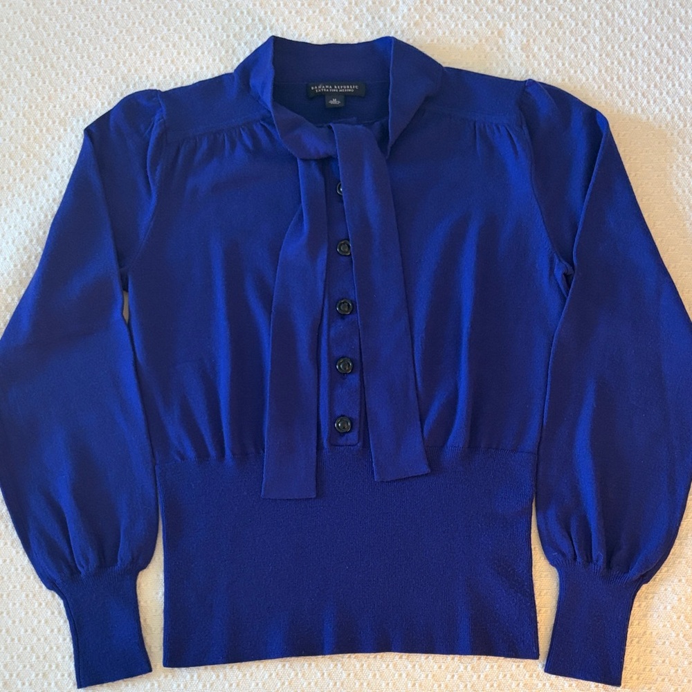 Banana Republic Extra Fine Merino Wool Tie Neck Sweater Blue Medium